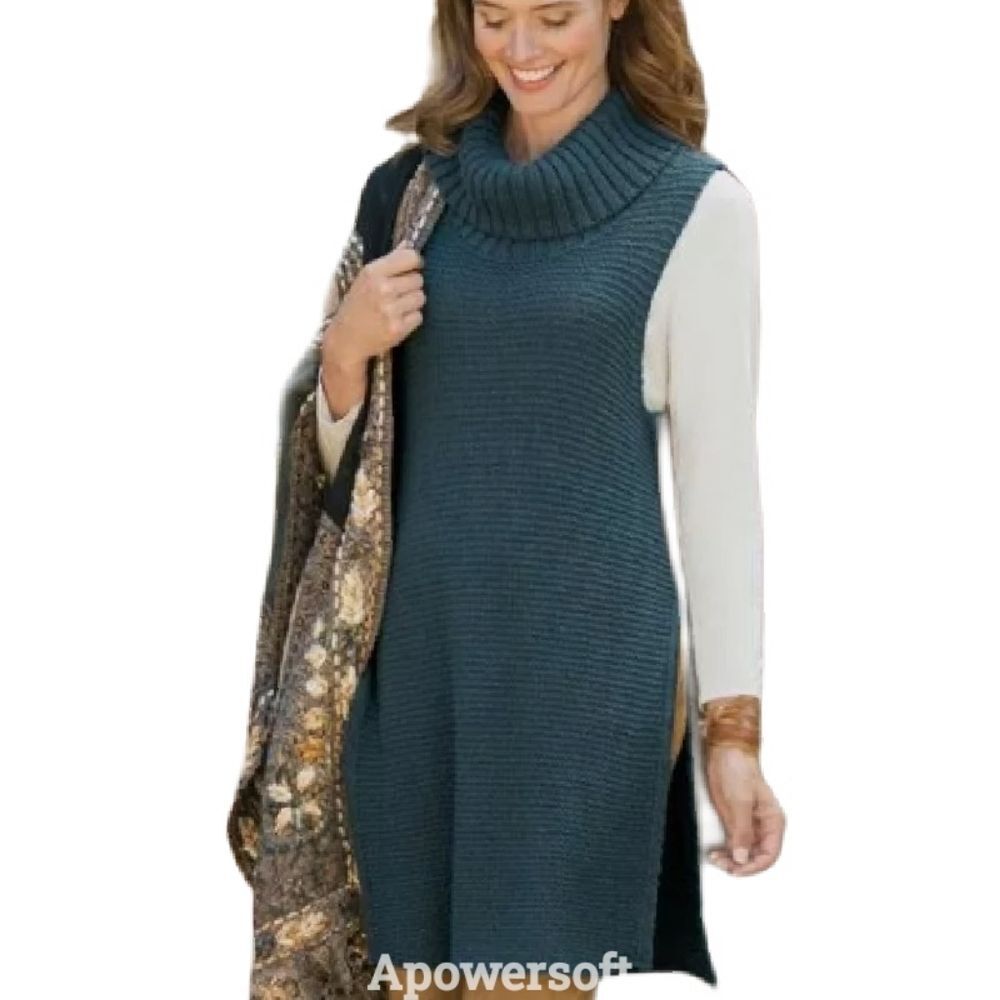Soft Surroundings Cowl Neck Tunic Sweater L Teal Sleeveless Side Slits